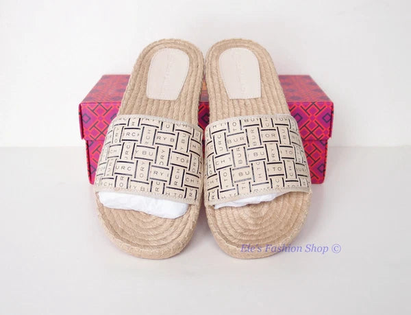 NIB Tory Burch Logo Woven Ribbon Espadrille Slide Slipper CREAM US 8 AUTHENTIC