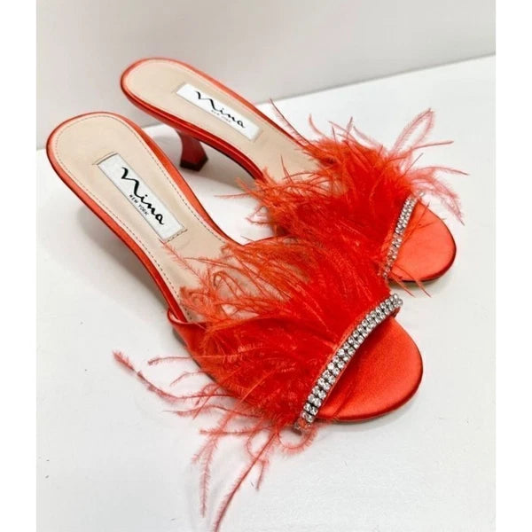 Nina Feather Kitten Heel Rhinestone Embellished Slip On Sandals Size 6