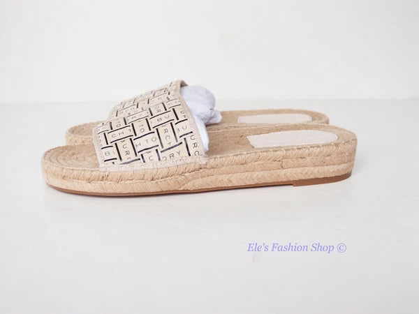 NIB Tory Burch Logo Woven Ribbon Espadrille Slide Slipper CREAM US 8 AUTHENTIC