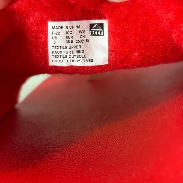 Reef x Tipsy Elves Womens Holiday Present Slides Red Green Gold Bow Sandals Sz 8