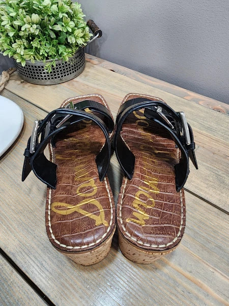 Sam Edelman Anna Sandals Size 7M Cork Platform Wedge Black Double Strap Buckle