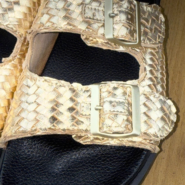 Yokono Gold Woven Leather Adjustable Buckle Slides Sandals Size 7.5