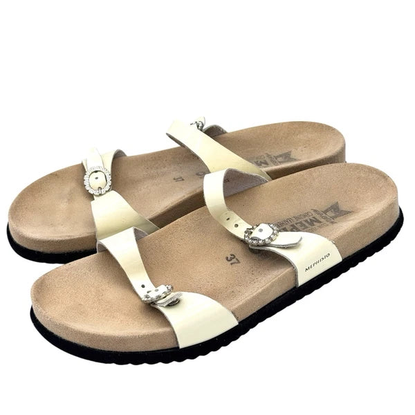 Mephisto Norie Bling Buckle Slide Sandals Ivory Patent Leather Flat Size 7 37