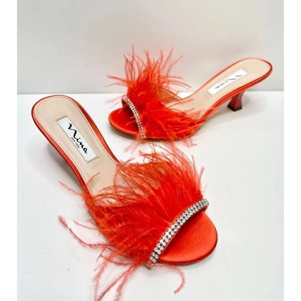 Nina Feather Kitten Heel Rhinestone Embellished Slip On Sandals Size 6