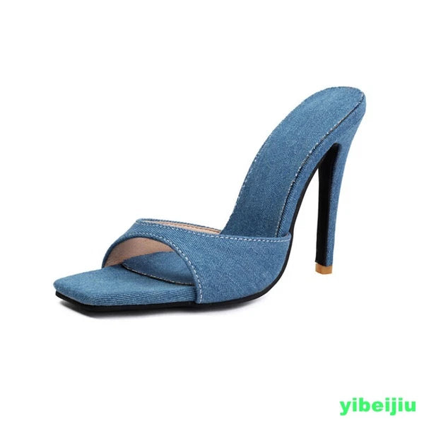 Women's Super High Heel Denim Jeans Mules Slides Sandals Slipper Shoes Dress OL