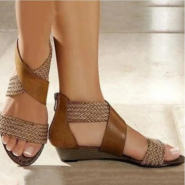 Women Fashion Weave Zipper Sandals Wedge Heel Low Heels Casual Beach Shoes New
