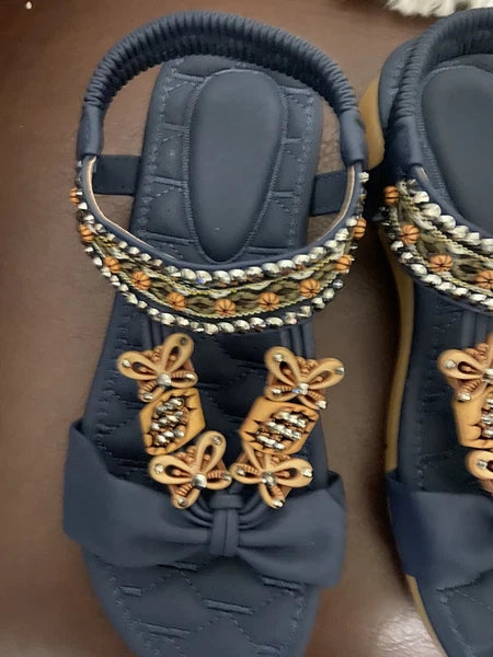 New Aomigoct Sandals Women Flat Dressy Summer size 38 /8 Navy blue Blue