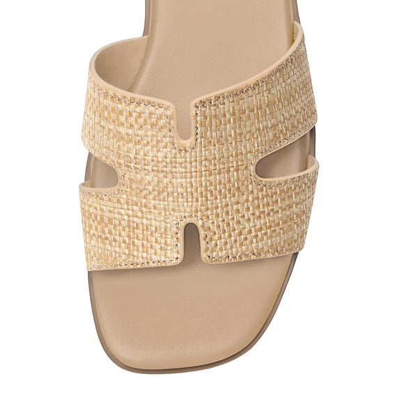 Women's Comfortable Leather Slide Sandals, Dressy Flat Raffia Slip-On