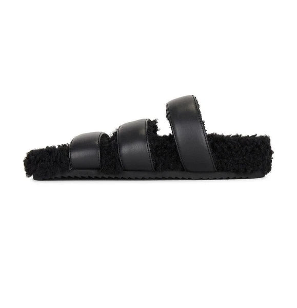 ROAM NIB $139 Black 3 Strap Faux Leather Fuzzy Slide Sandals Sz 7