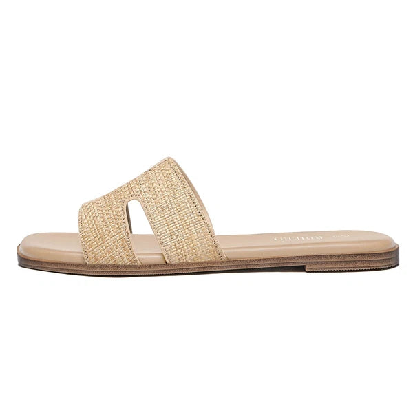 Women's Comfortable Leather Slide Sandals, Dressy Flat Raffia Slip-On