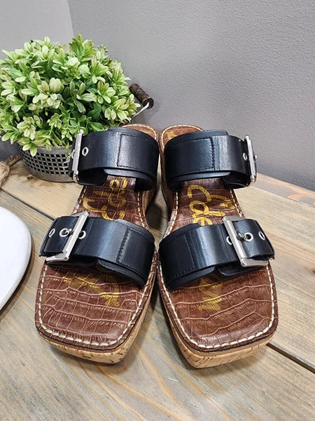 Sam Edelman Anna Sandals Size 7M Cork Platform Wedge Black Double Strap Buckle