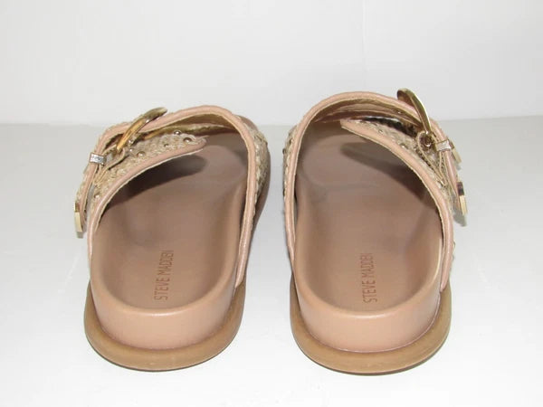 Steve Madden Slide Sandal Women's 8.5 Tan Brown Zuree Dual Buckle Gold Studded