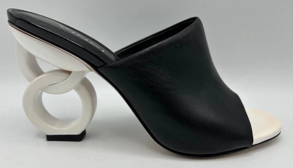 VINCI Black Leather Designer Sandal Size 40 US 9.5 White Circle Heels 3.5" High