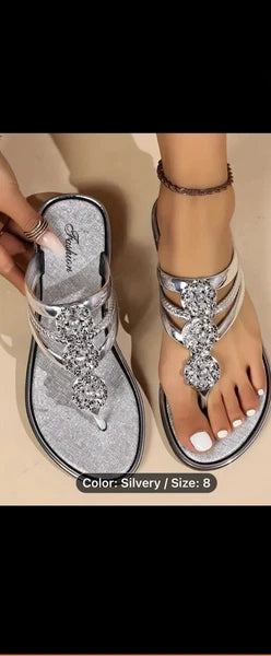 Women's Fashion Rhinestone Flower Flat Flip Flops Size 8.5