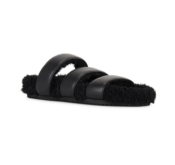 ROAM NIB $139 Black 3 Strap Faux Leather Fuzzy Slide Sandals Sz 11