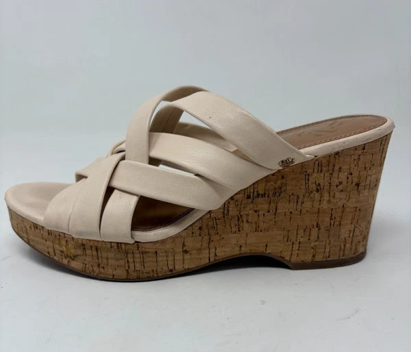 Sam & Libby Womens Cayla Ivory Faux Leather Cork Wedge Slide Size 8.5 Sandals
