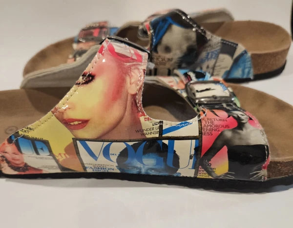 Vogue Magazine Glossy Collage Two Strap Bork Pierre Dumas Sandals sz 8