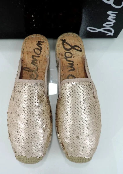 Sam Edelman Kerry Slip On Espadrille Slide Mule Flats Pink Gold Sequins Size 8