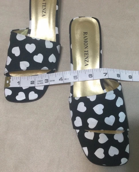 Vintage Ramon Tenza Black & White Heart Slide Sandals Size 9 1/2B