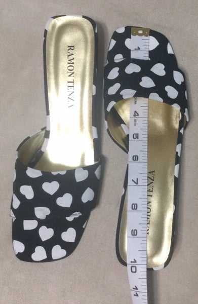 Vintage Ramon Tenza Black & White Heart Slide Sandals Size 9 1/2B