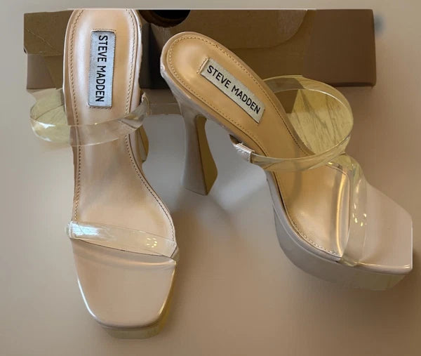 VTG Steve Madden Platforms Y2K Style Clear Nude Heels Chunky Retro Zayne Size 7