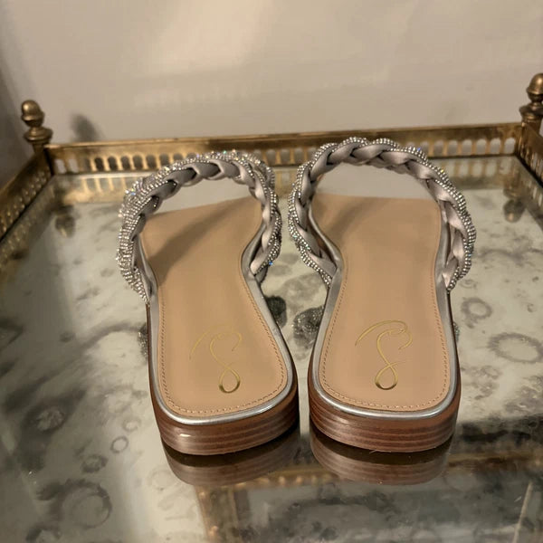 Sam Edelman Shoes Womens Size 9 Silver Braided Sandal Slide Rhinestone Flats