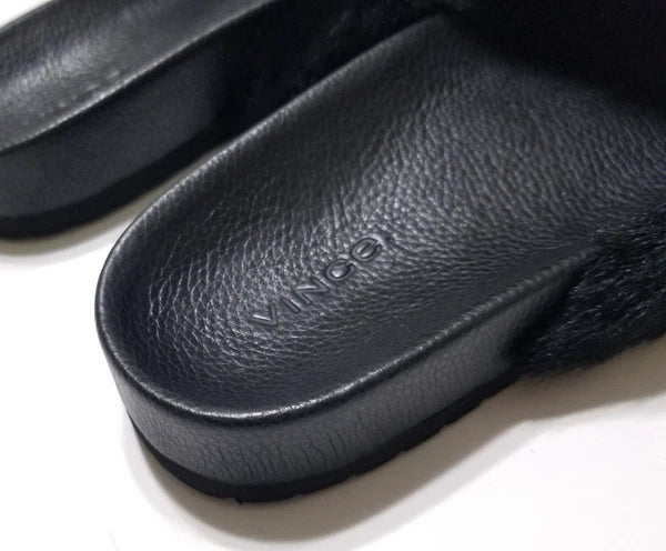 NIB Vince Garrison Italian Lamb Fur & Leather Slide Sandal in Black $250