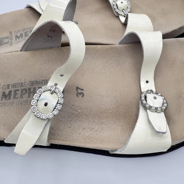 Mephisto Norie Bling Buckle Slide Sandals Ivory Patent Leather Flat Size 7 37