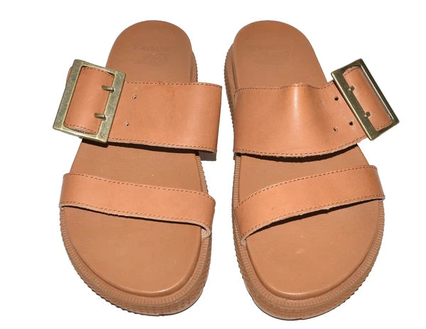 Sorel Roaming Buckle Slide Brown Leather Two Strap Womens Sandals Size 5.5 NWOB