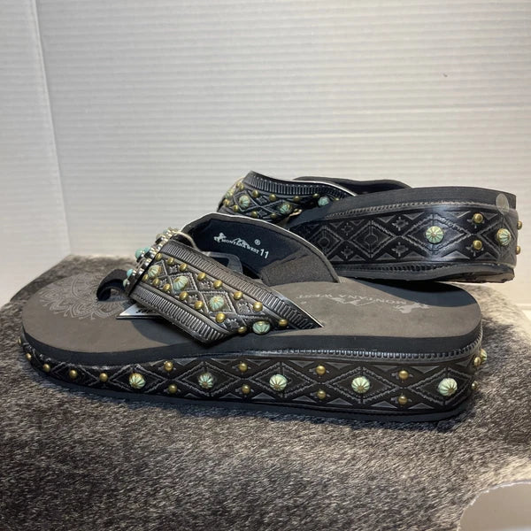 Montana West Black Embossed w/Studs Western Style Wedge Sandals Sz11-11.5