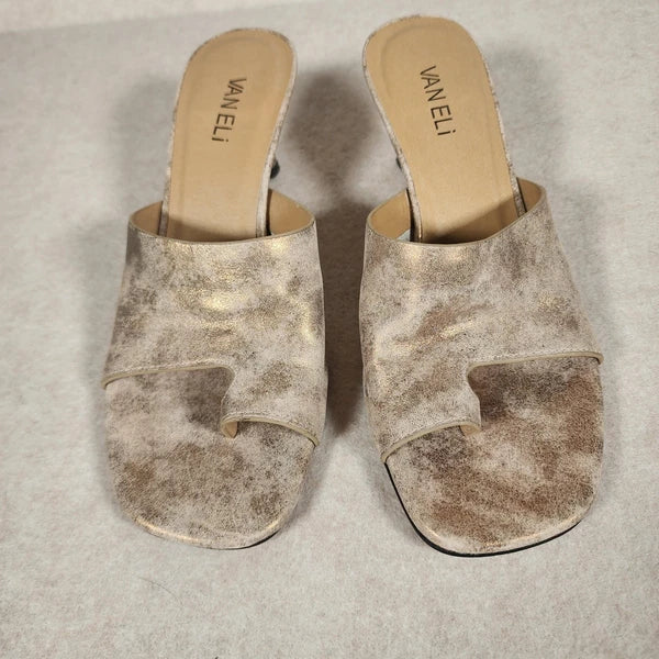 VanEli Kitten Heel Mules Thong Sandal Slides Gold Metallic 8.5M