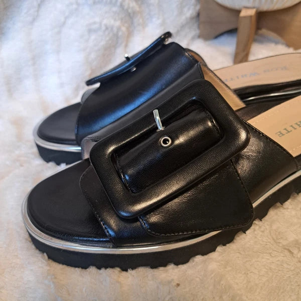 Ron White Candra Slide Sandals Black Leather Italy Sz 9 US 39.5 NEW $445