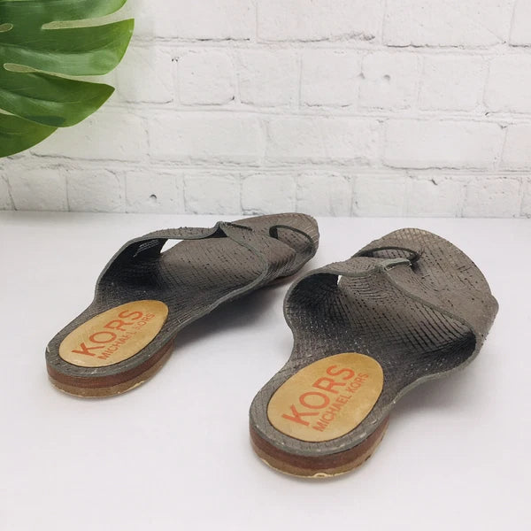 Michael Kors MK Sandals Women's 9M Metallic Gray Toe Ring Slide Flat Flip Flop