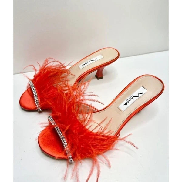 Nina Feather Kitten Heel Rhinestone Embellished Slip On Sandals Size 6