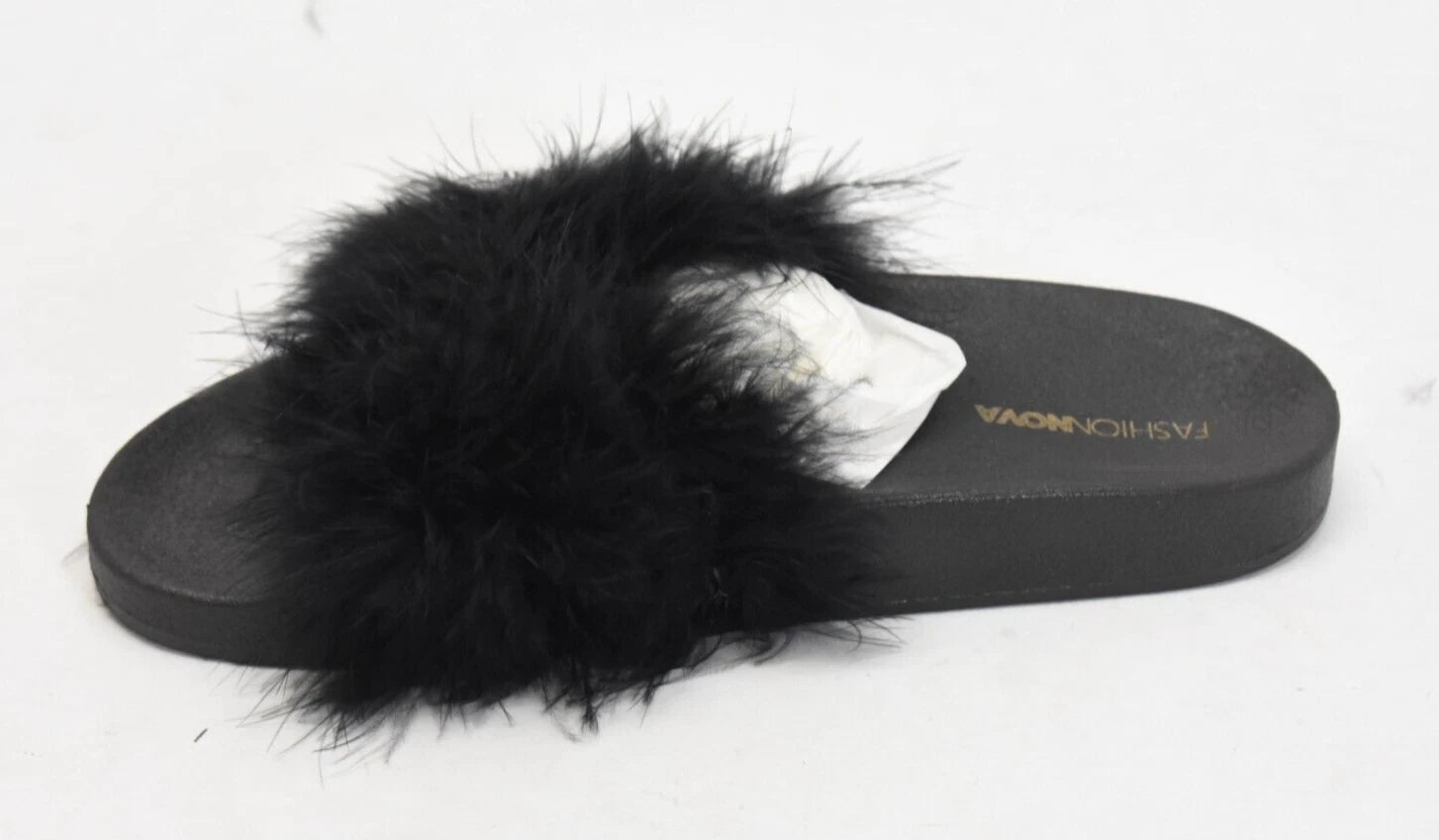 Fashion Nova Moira Black Feather Boa Slides Sandals Slippers Open Toe Size 8