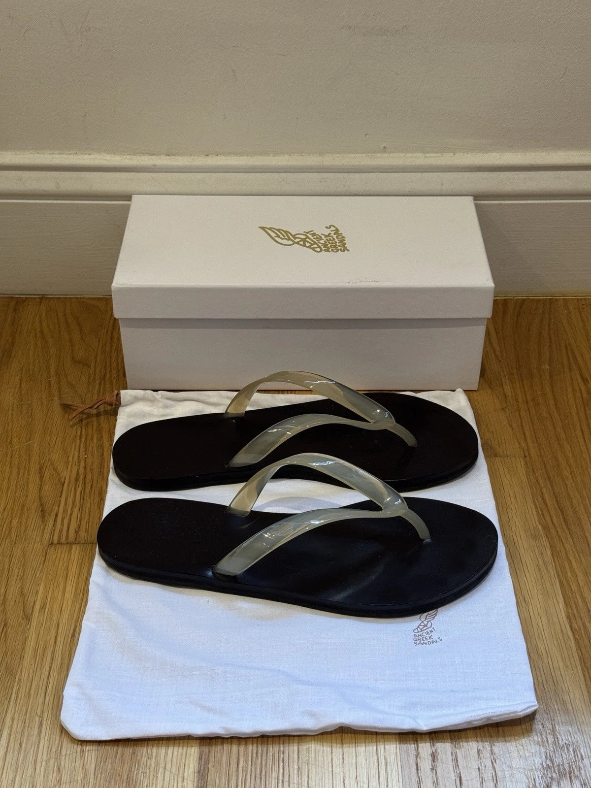 Ancient Greek Sandals Saionara Jelly/Leather Flip-Flops, Clear Straps, EU 41