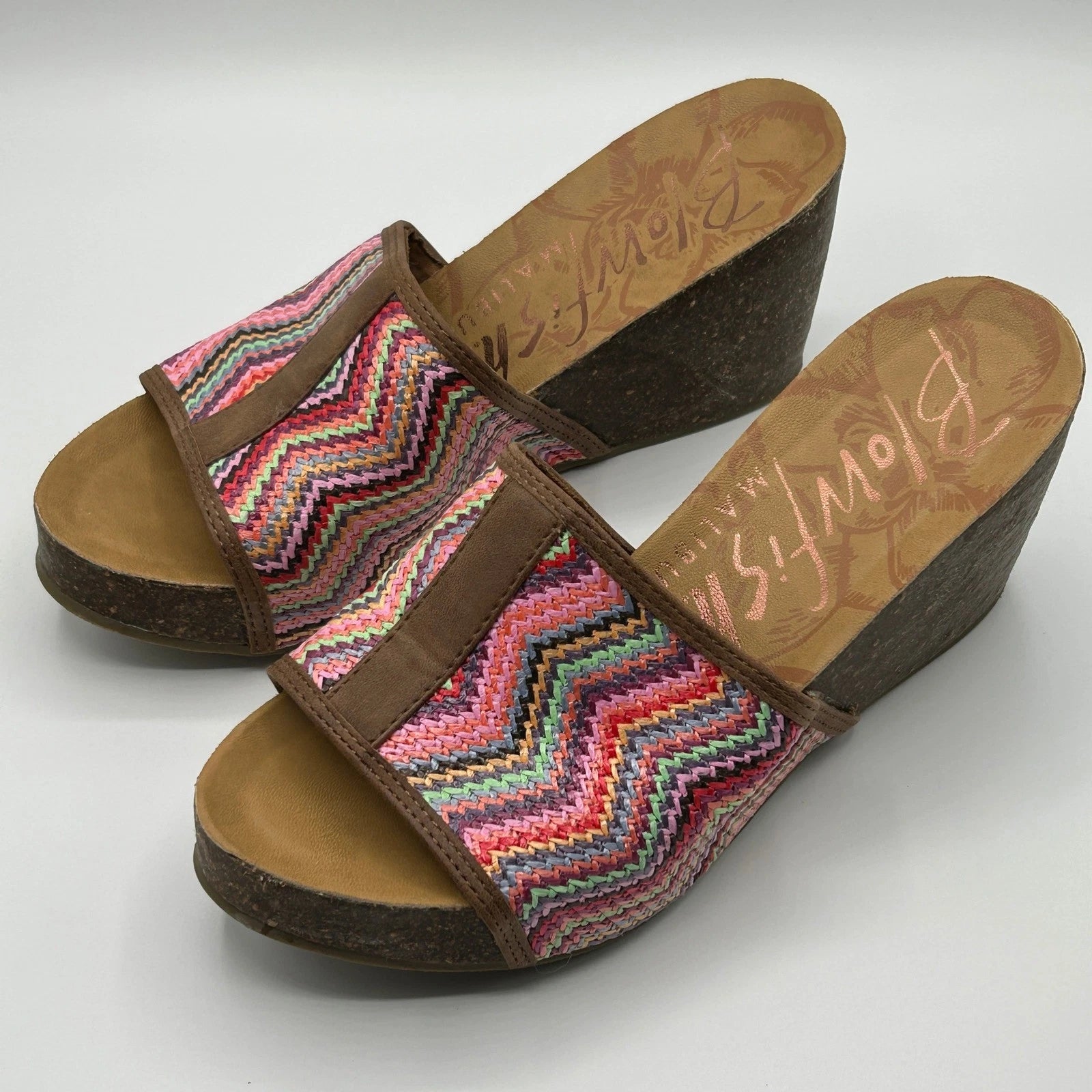 Blowfish Malibu Platform Wedge Slide Sandals Multi Color Chevron Womens 8.5 Boho