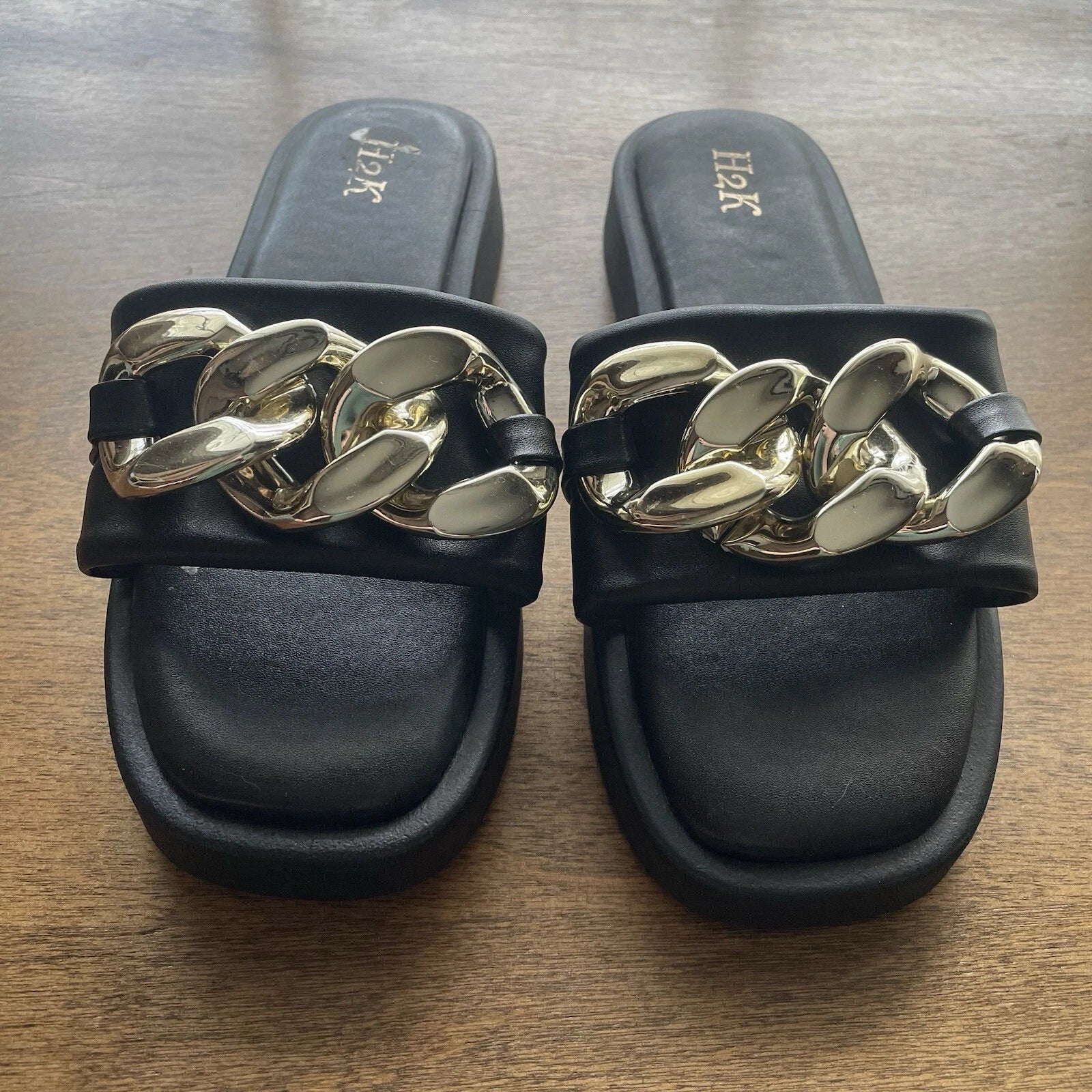 H2K Chain 9 Black Fashion Comfort Soft Slides Flip Flops Sandals Open Toe New