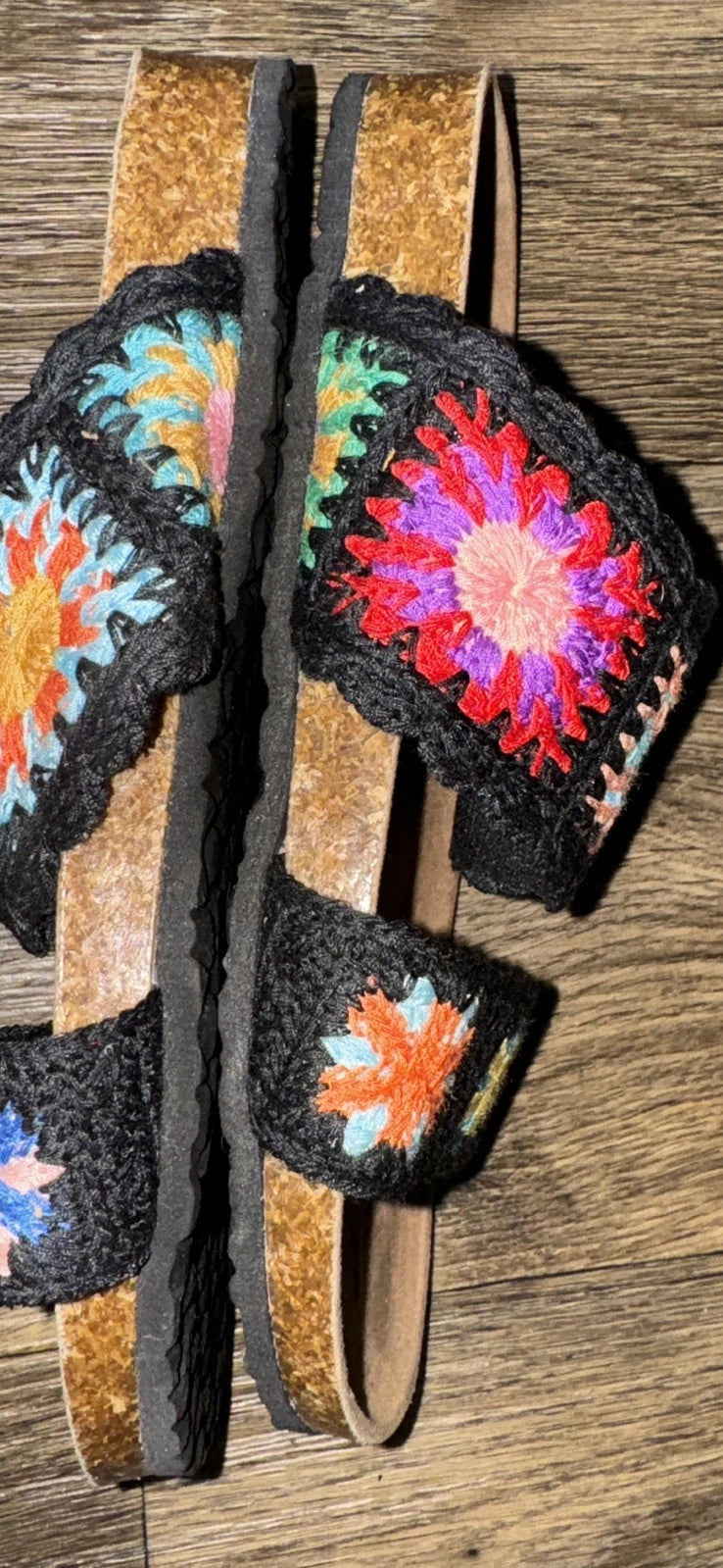 Granny Square Crochet Slip On Sandals Black Boho Comfort 70’s EU 36 US 5.5 6