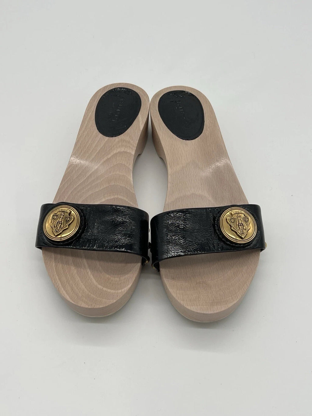 Gucci Hysteria Women Sz 8B Black Patent Leather Slide Wood Soles Fashion Sandals