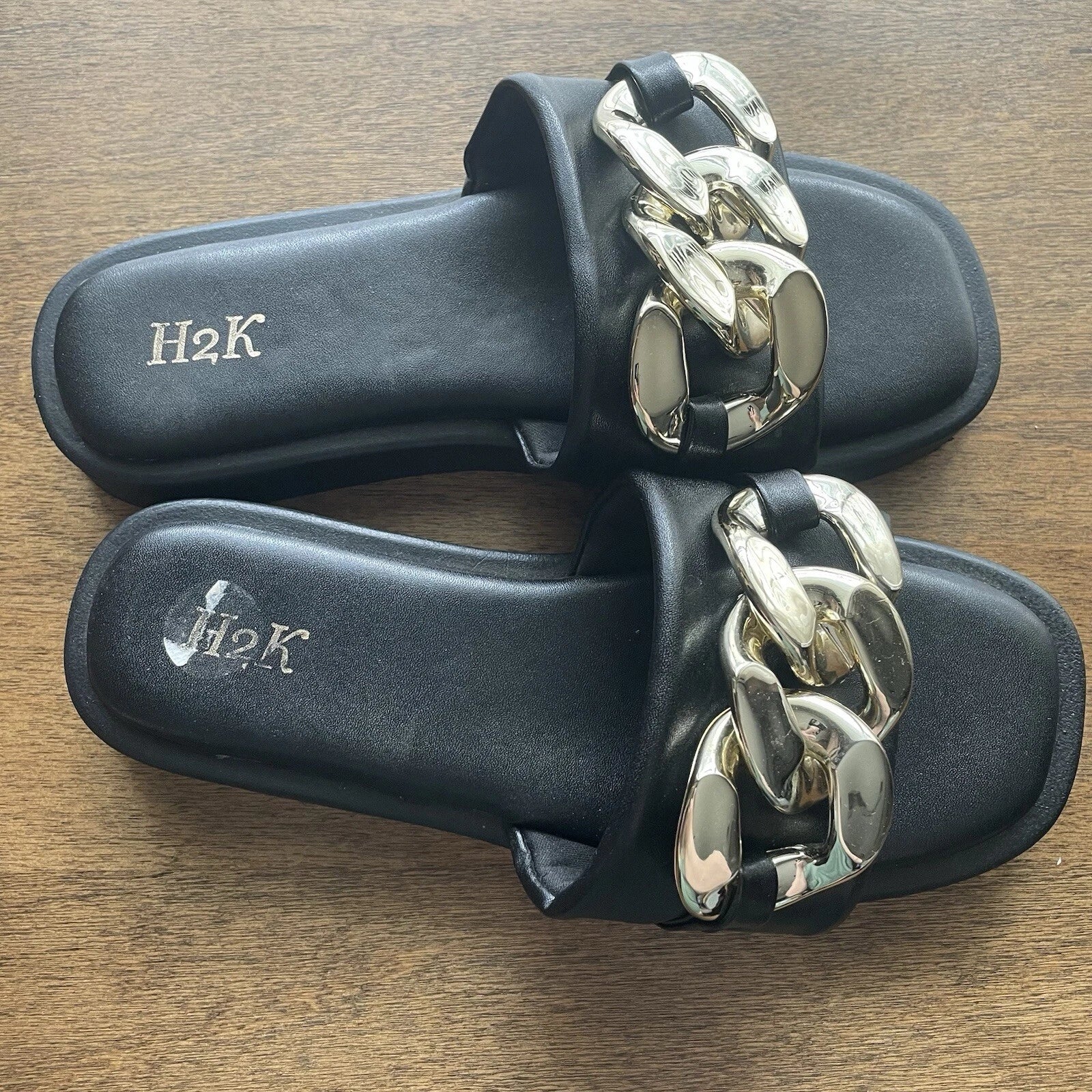 H2K Chain 9 Black Fashion Comfort Soft Slides Flip Flops Sandals Open Toe New