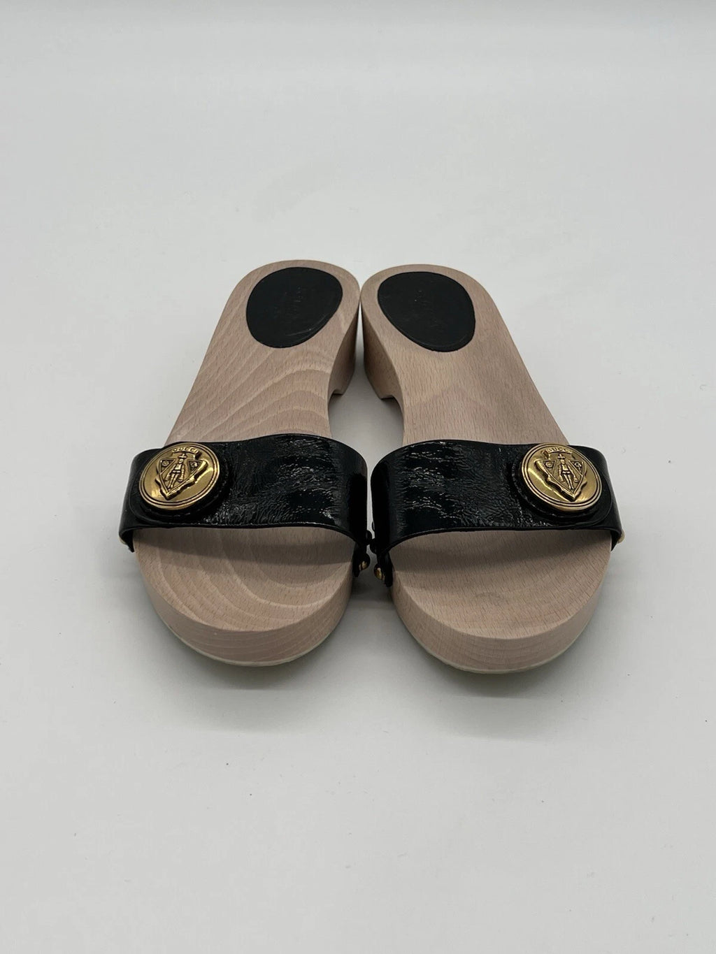 Gucci Hysteria Women Sz 8B Black Patent Leather Slide Wood Soles Fashion Sandals