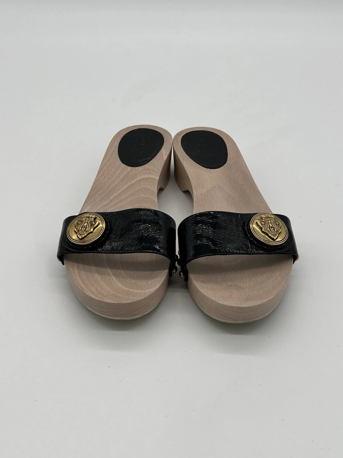 Gucci Hysteria Women Sz 8B Black Patent Leather Slide Wood Soles Fashion Sandals