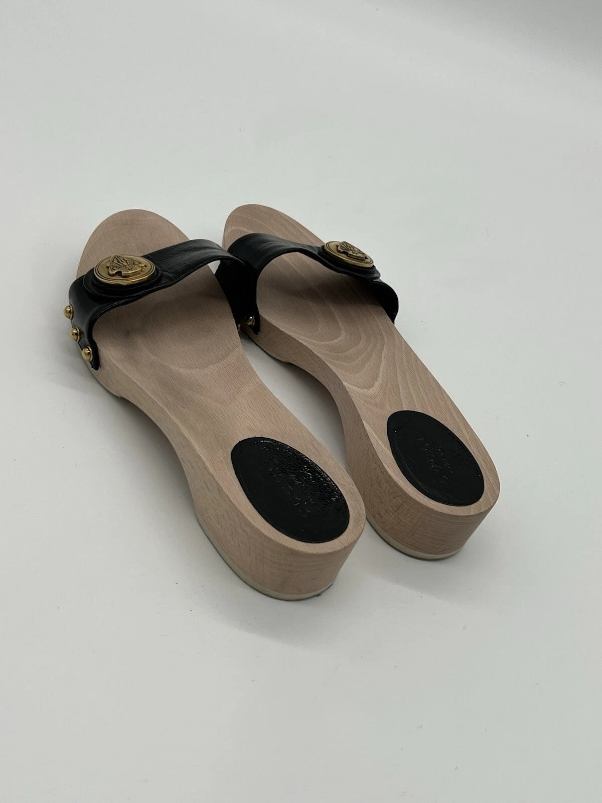 Gucci Hysteria Women Sz 8B Black Patent Leather Slide Wood Soles Fashion Sandals