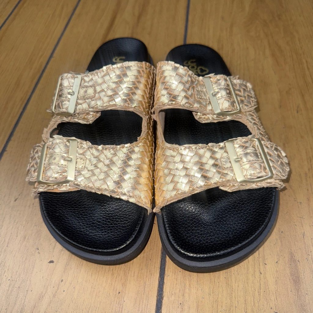Yokono Gold Woven Leather Adjustable Buckle Slides Sandals Size 7.5