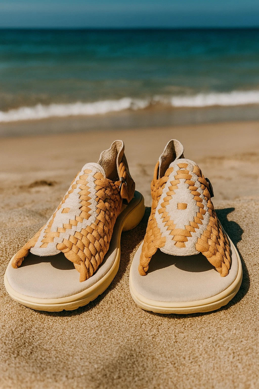 Beach Style Unisex Sandals Beige Woven Stretch Fit Leather Rubber Sole 8 US