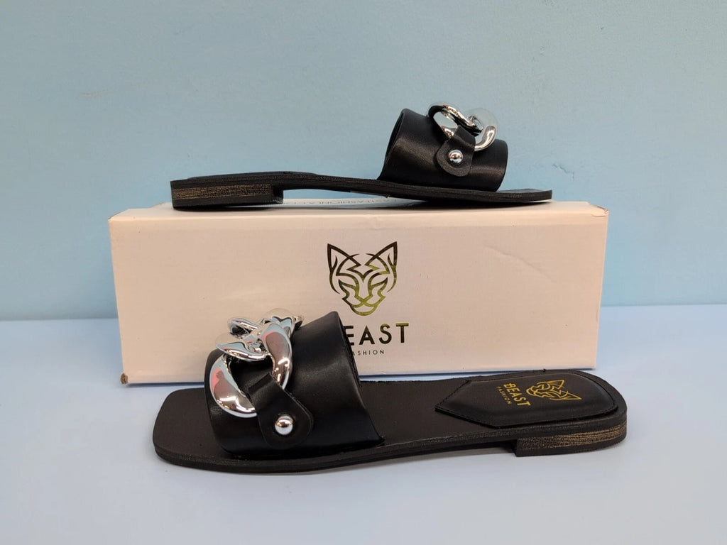 Beast Fashion LANA-01 Nude Chain Women's Flat Slide Sandals Size US 6.5 Black