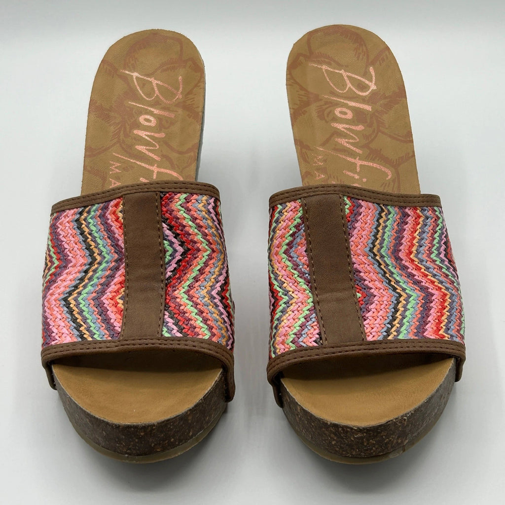 Blowfish Malibu Platform Wedge Slide Sandals Multi Color Chevron Womens 8.5 Boho