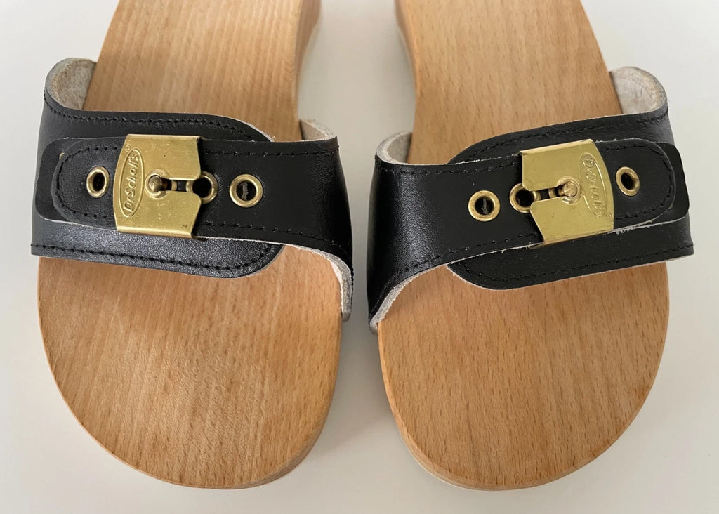 Dr. Scholl's The Original Wooden Sandals Slides Black Leather Size 6 Italy New