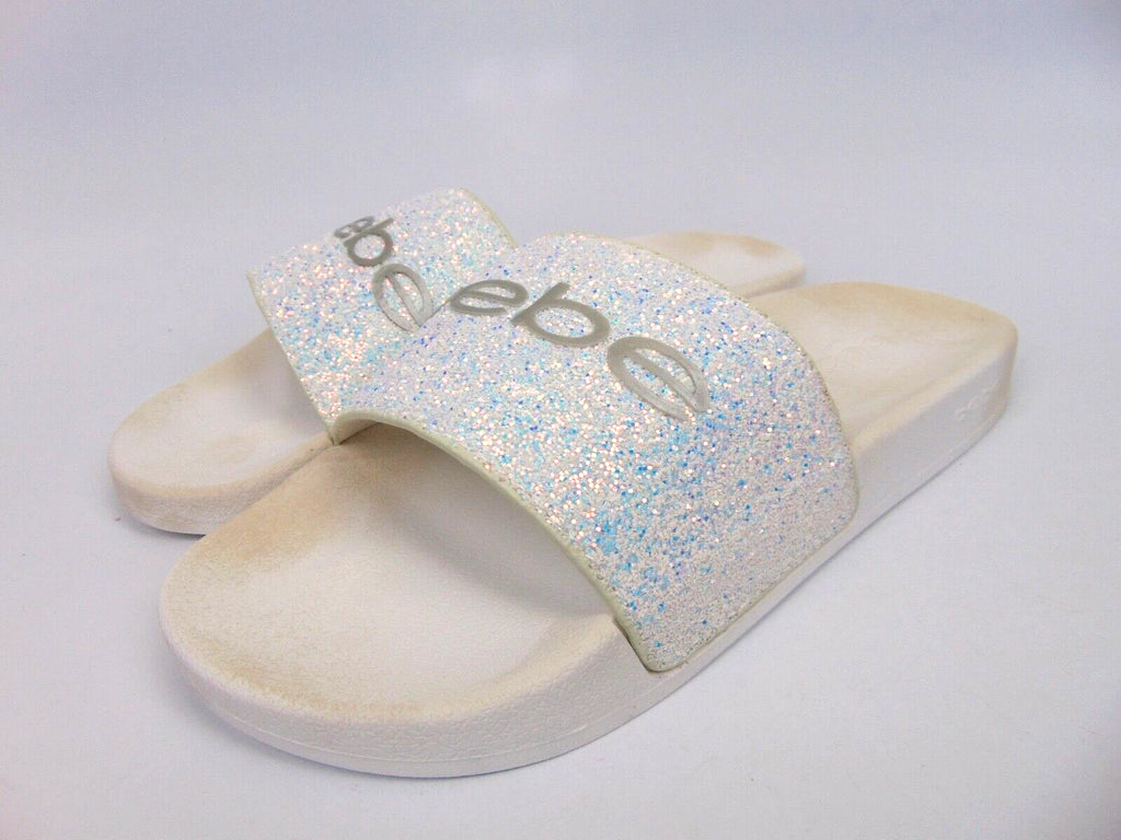 Bebe Women's Fraida Glitter Slide Fashion Sandals Flats Size 8.0 M, White Glitte